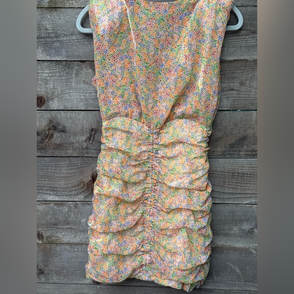 Zara Pink and Yellow Ruched Bodycon Mini Dress - Picture 7 of 10